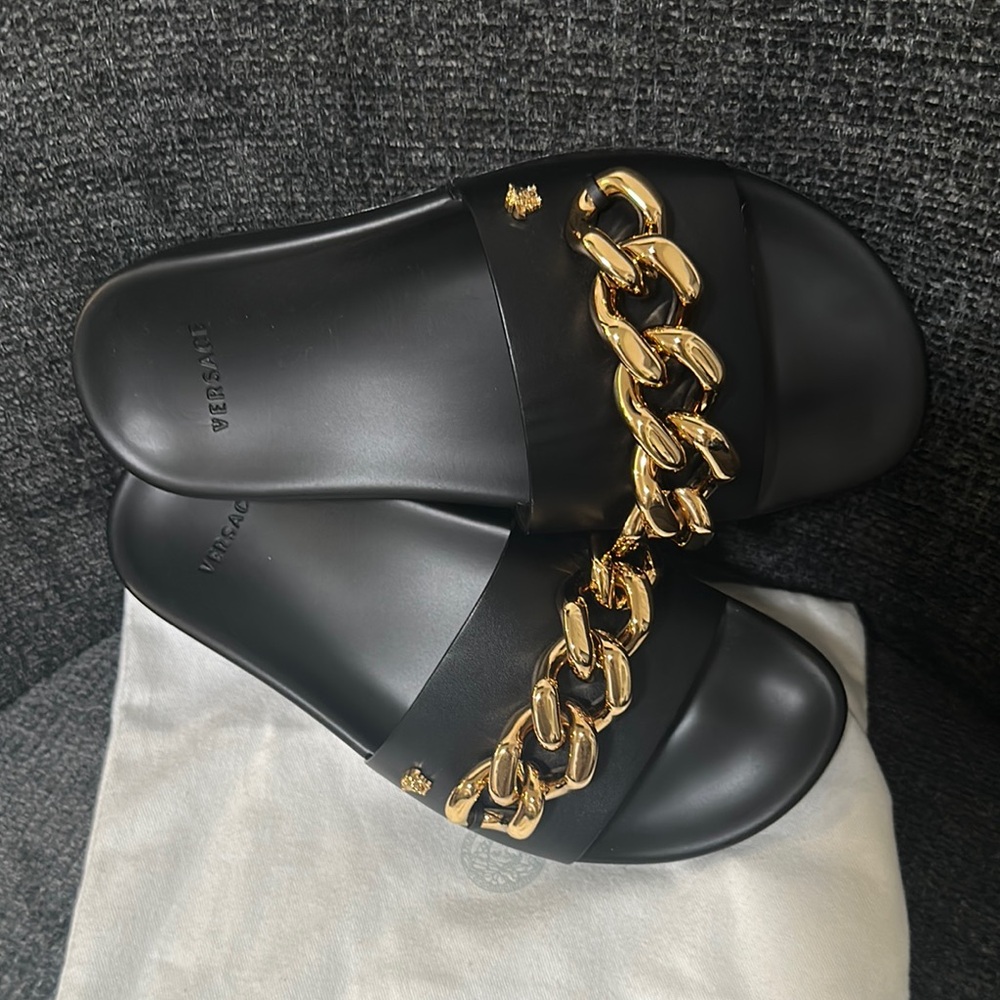 Versace Black Slides with Gold Chain Accent